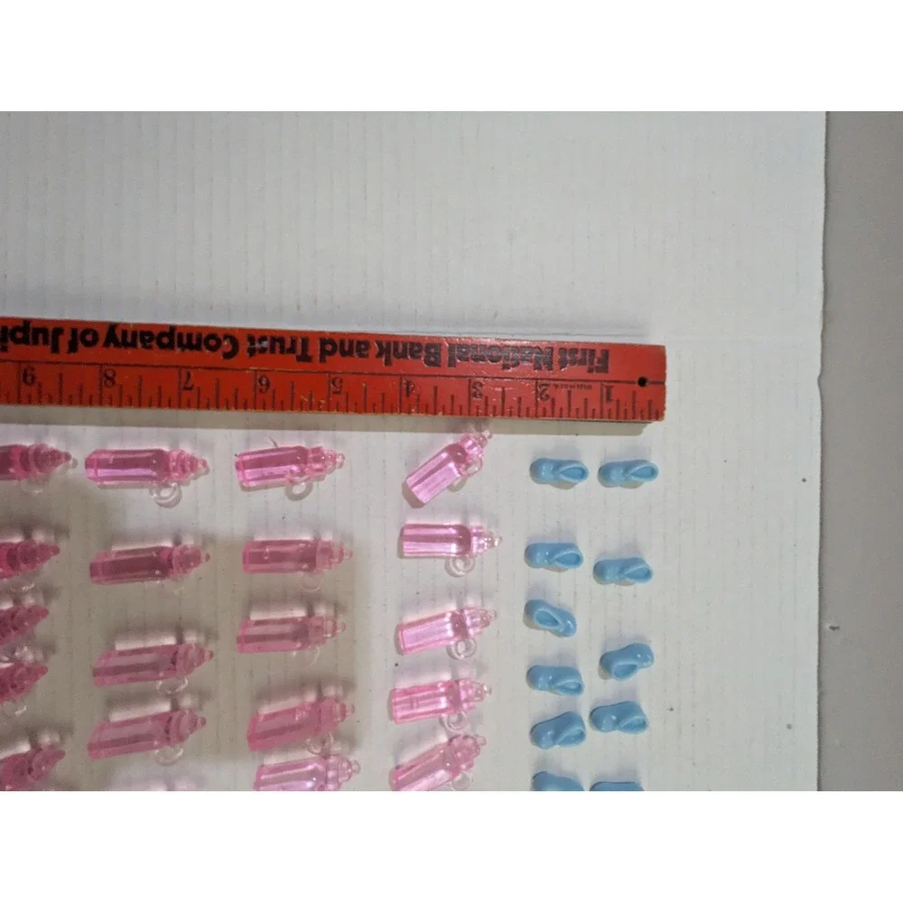 36pc Miniature Baby Shower Favors Pink Plastic Bottles and Blue Booties Set